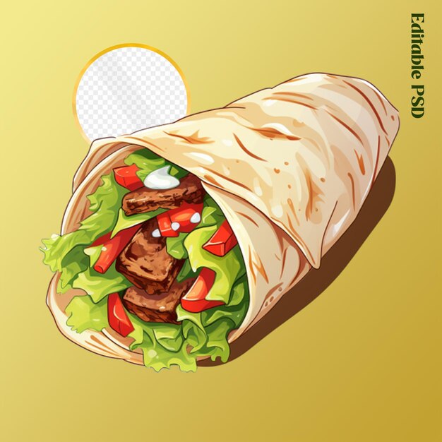 PSD burrito de fundo transparente com vegetais e tortilha