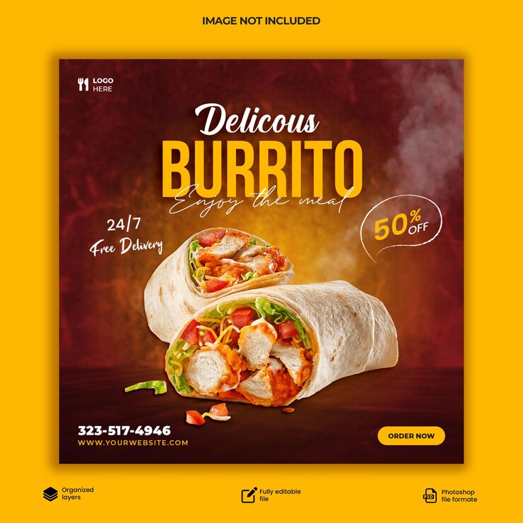 Burrito Mexican wrap Burrito post Burrito cibo piccante fast food modello di post sui social media