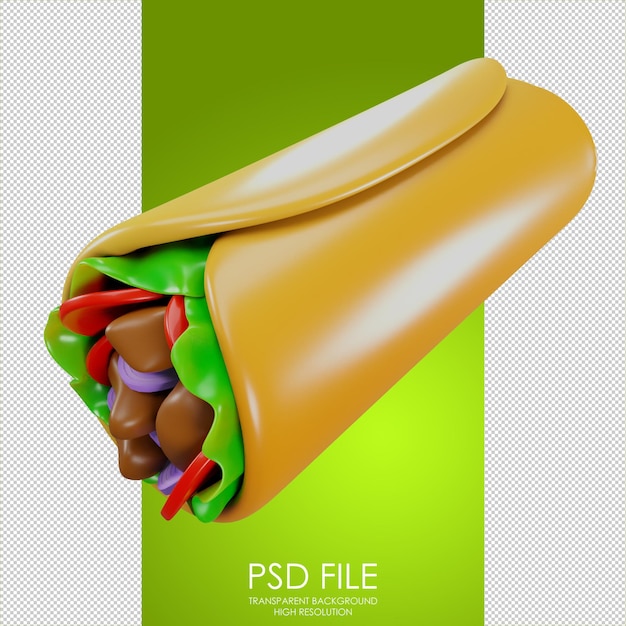 Burrito mexicano com vista lateral para carne e salada Lavash com carne e cebola Comida latino-americana Ícone de burrito Ícone de design da página de destino ilustração de renderização 3D