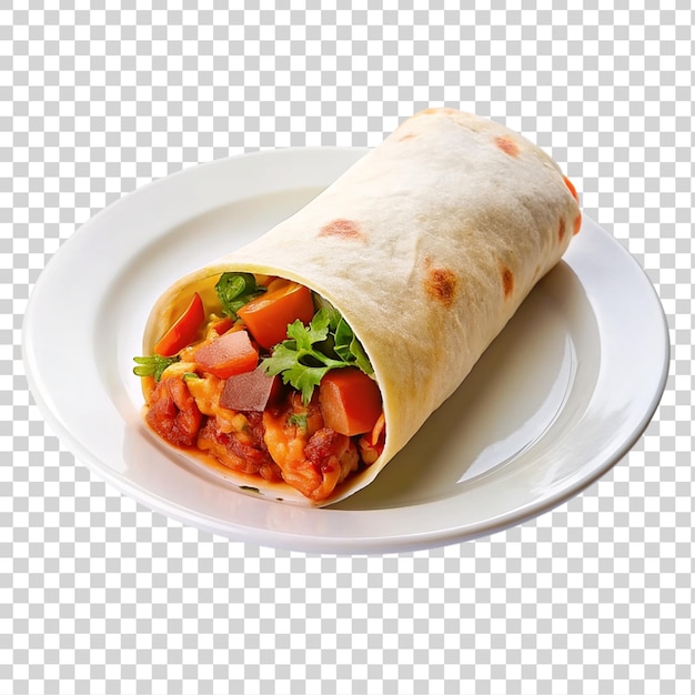 Burrito avec de la viande et des légumes sur une assiette blanche isolée sur un fond transparent