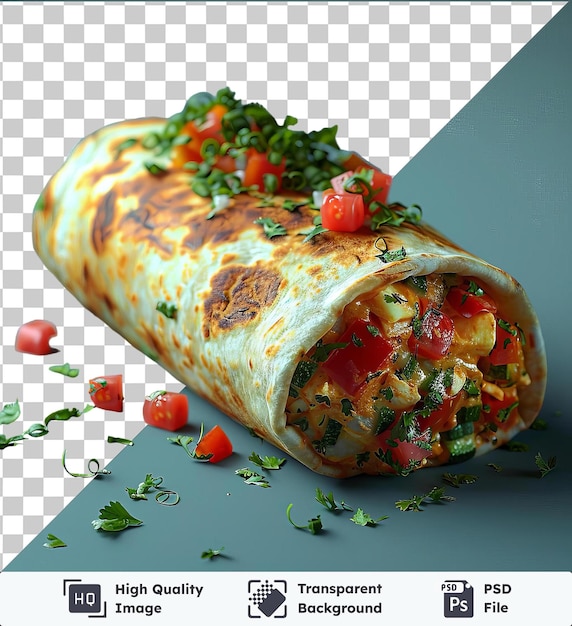 PSD burritos de légumes sur une table bleue surmontés de tomates rouges