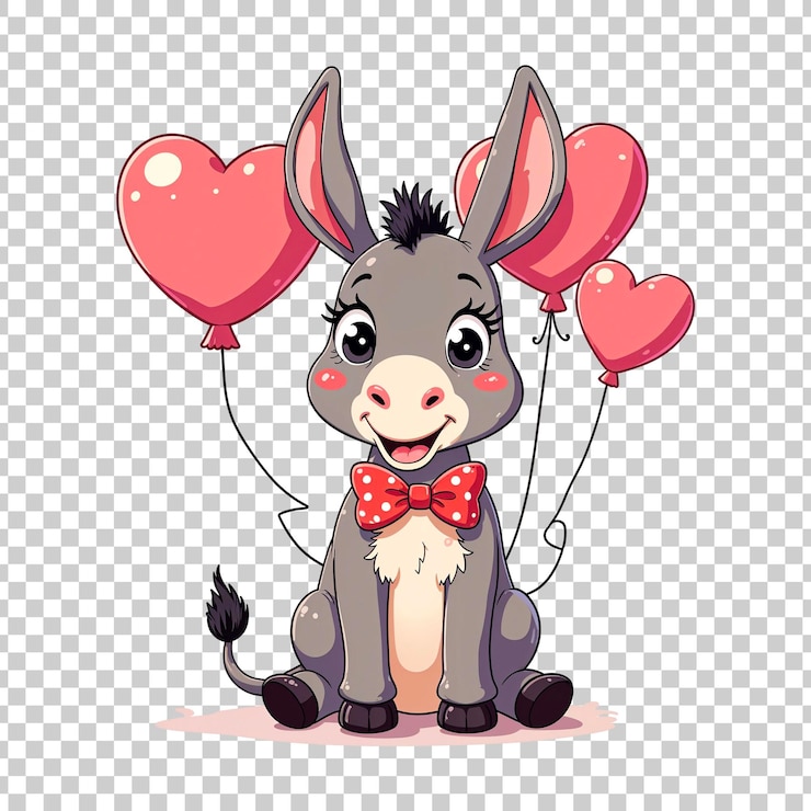 PSD burro alegre con globos de corazón en un fondo transparente