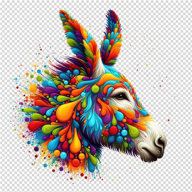 PSD un burro de colores con plumas de colores en la cabeza