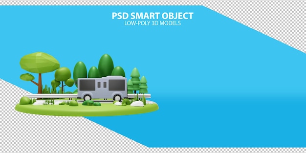 PSD bus auf der straße psd-smart-objekte mit gradientenhintergrund 3d-rendering-bild von low-poly-objekten