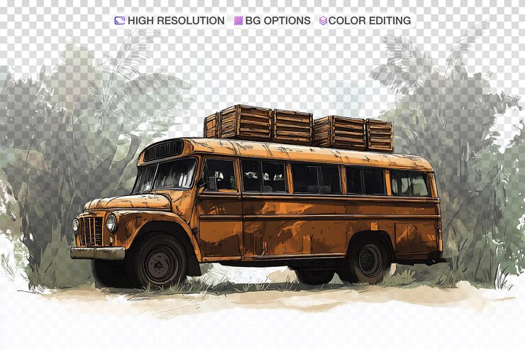 PSD bus de la jungle vintage avec des caisses dessinées à la main