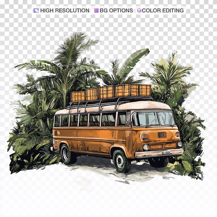 PSD bus de la jungle vintage avec des caisses dessinées à la main