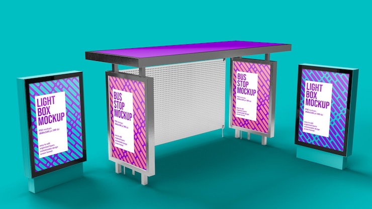 PSD bus stop and light box mockup design isolated