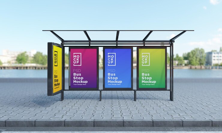 Bus Stop Bus Shelter four Sign Mockup Rendering 3D
