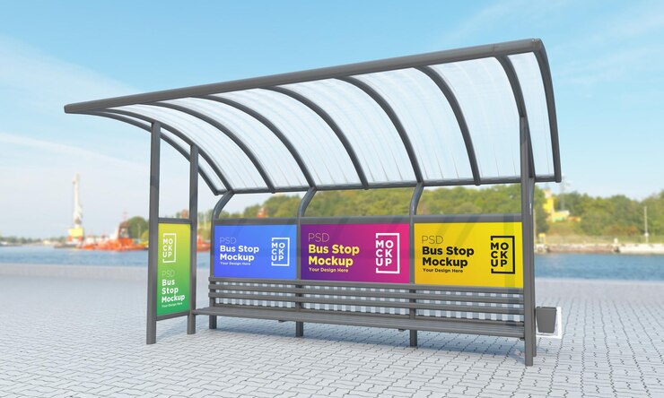 Bus Stop Bus Shelter Four Signs Mockup Rendering 3d