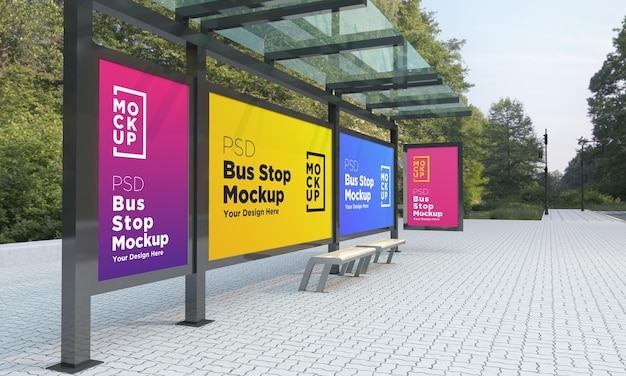 Bus stop bus shelter four signs mockup rendering 3d