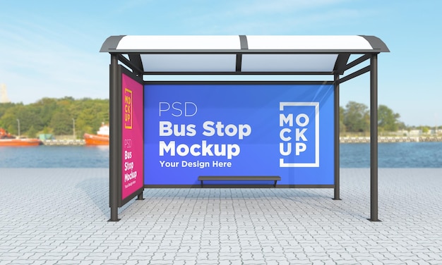 Bus stop bus shelter two signs mockup rendering 3d