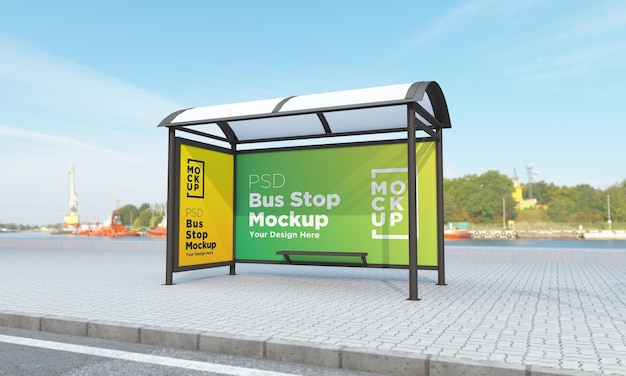 Bus Stop Bus Shelter Two Signs Mockup Rendering 3D