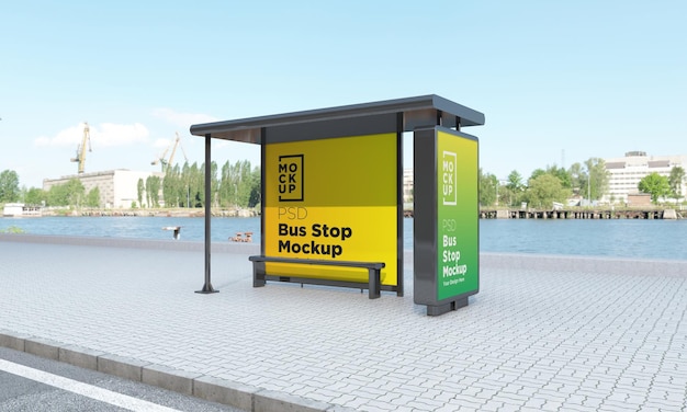 Bus Stop Bus Shelter Two Signs Mockup Rendering 3D