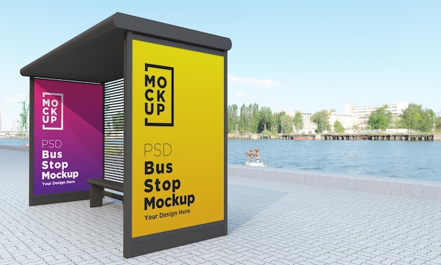 Bus stop bus shelter two signs mockup rendering 3d