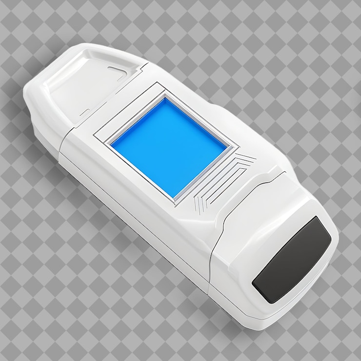 PSD buscador de clavos con cuerpo de plástico blanco y pantalla azul un objeto aislado de mano en un fondo limpio