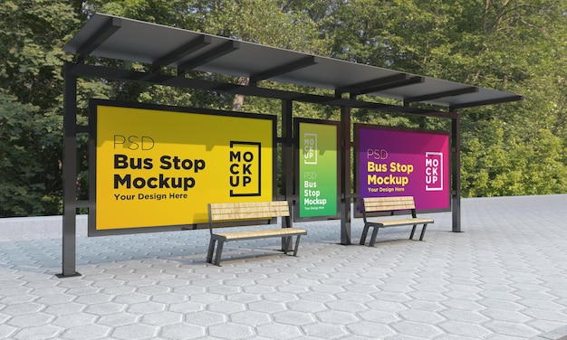 Bushaltestelle bus shelter drei zeichen mockup 3d rendering