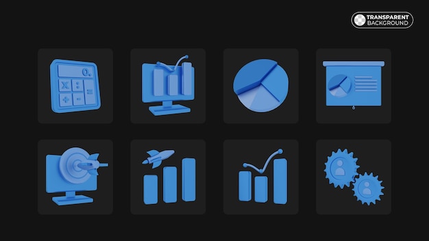 Business 3d-icon-set, taschenrechner, diagramm, ziel, geld, tortendiagramm