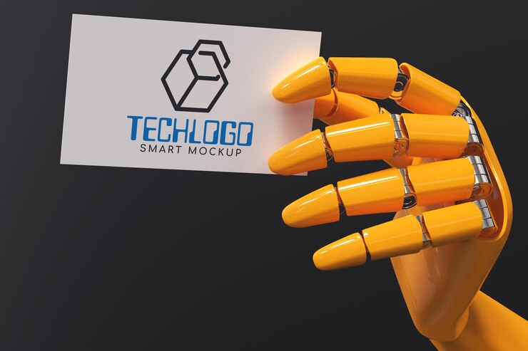 PSD business card in robot hand mockup 2