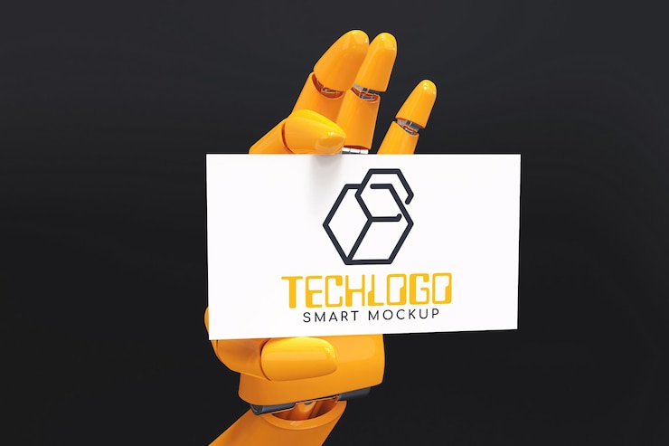PSD business card in robot hand mockup 4