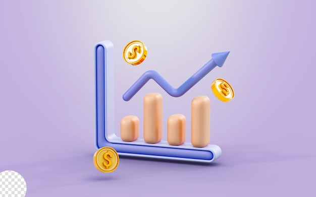 Business Line Diagramm Pfeil nach oben mit Dollarmünze Zeichen 3D-Renderkonzept für profitables Einkommenswachstum