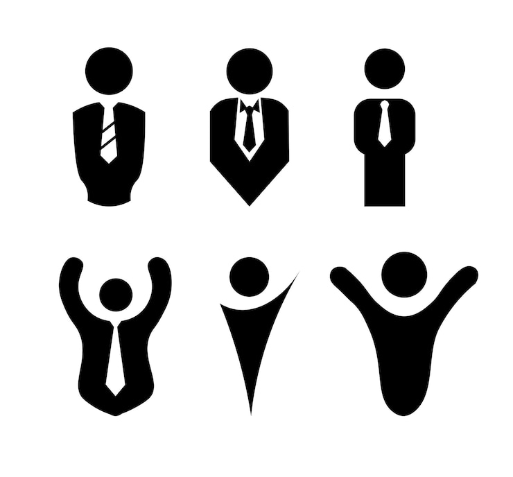 PSD business team vector icons vier profis und vier erhobene handfiguren für die unternehmenspräsentation