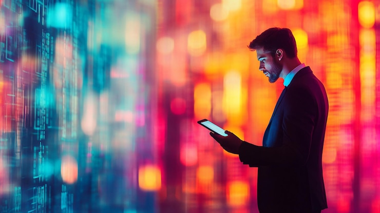 PSD businessman analyzing digital data on tablet in a vibrant colorful illuminated data center environment