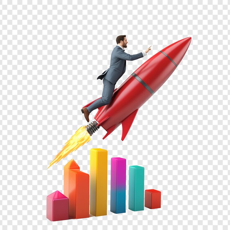 PSD businessman flying on a rocket above a graph
