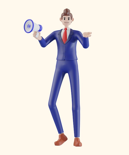 businessman gesto della mano con il megafono illustrazione 3D di cartoon carino sorridente isolato su sfondo bianco