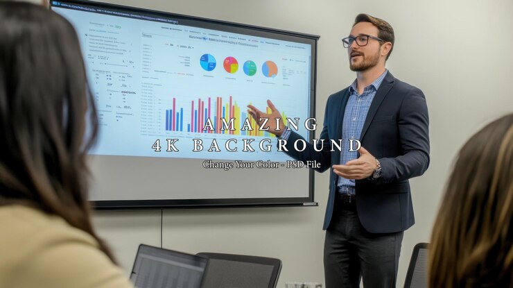 PSD businessman giving presentation with charts and graphs on large