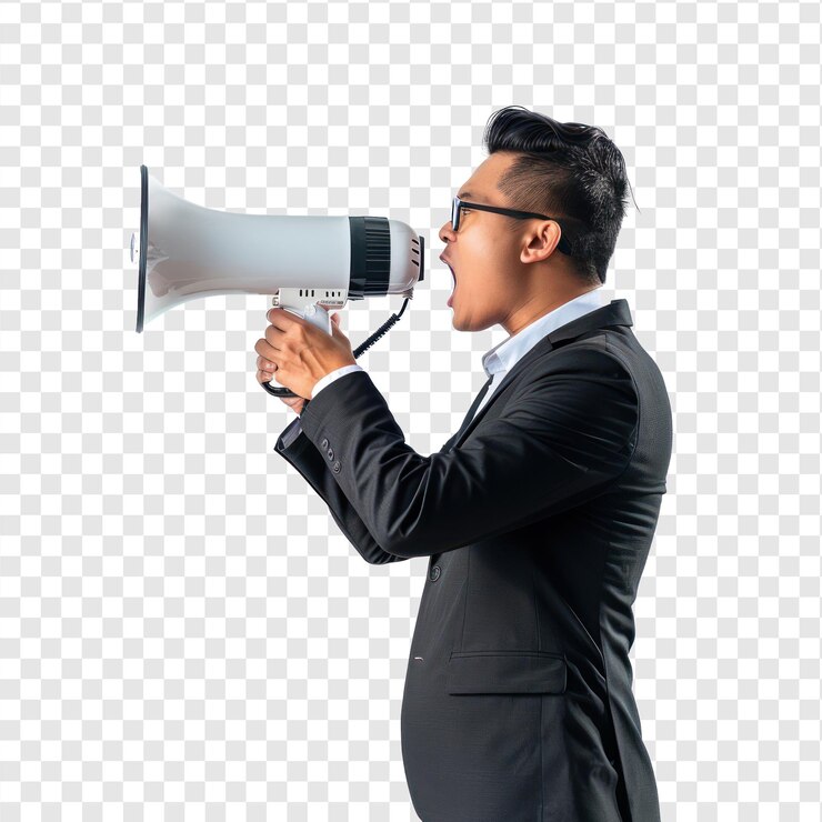 PSD businessman holding megaphone on transparency background psd