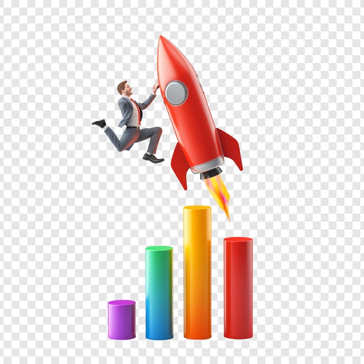PSD businessman launching a rocket on a graph