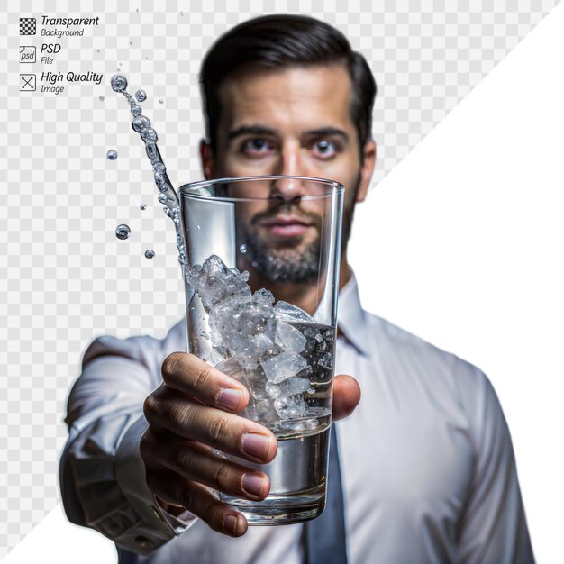 PSD businessman offering a glass of ice water on transparent background