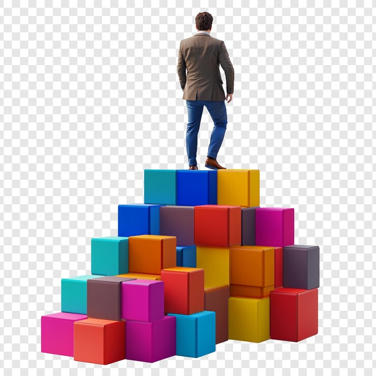 PSD businessman standing on top of a colorful staircase