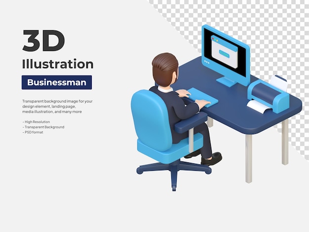 businessman working in front of computer isometric view from behind 3d character illustration