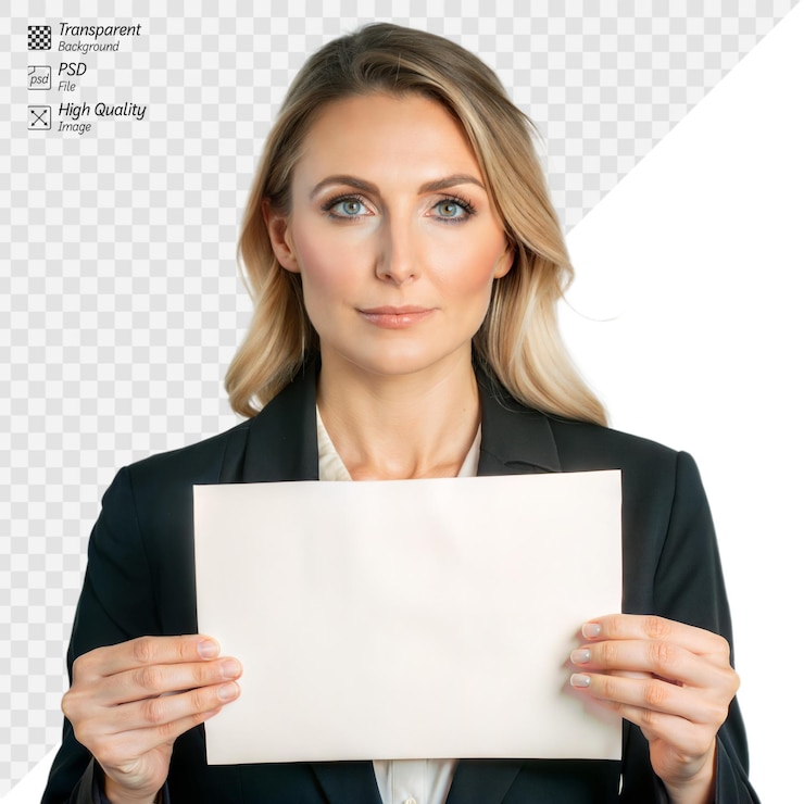 PSD businesswoman holding blank sign on transparent background