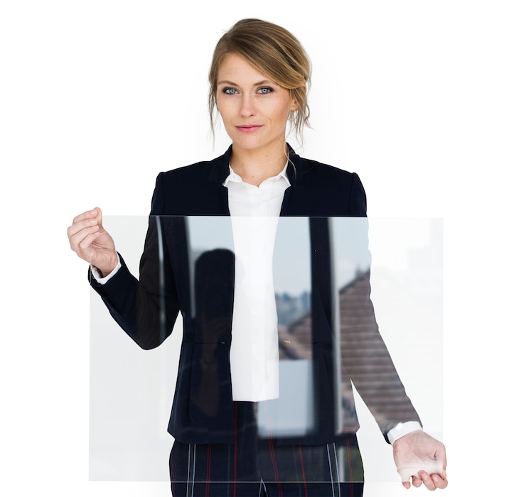 PSD businesswoman smiling happiness holding clear placard copy space concept
