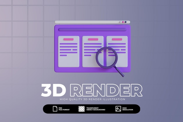 Búsqueda de artículos de ilustración 3d en la página web con icono de lupa aislado