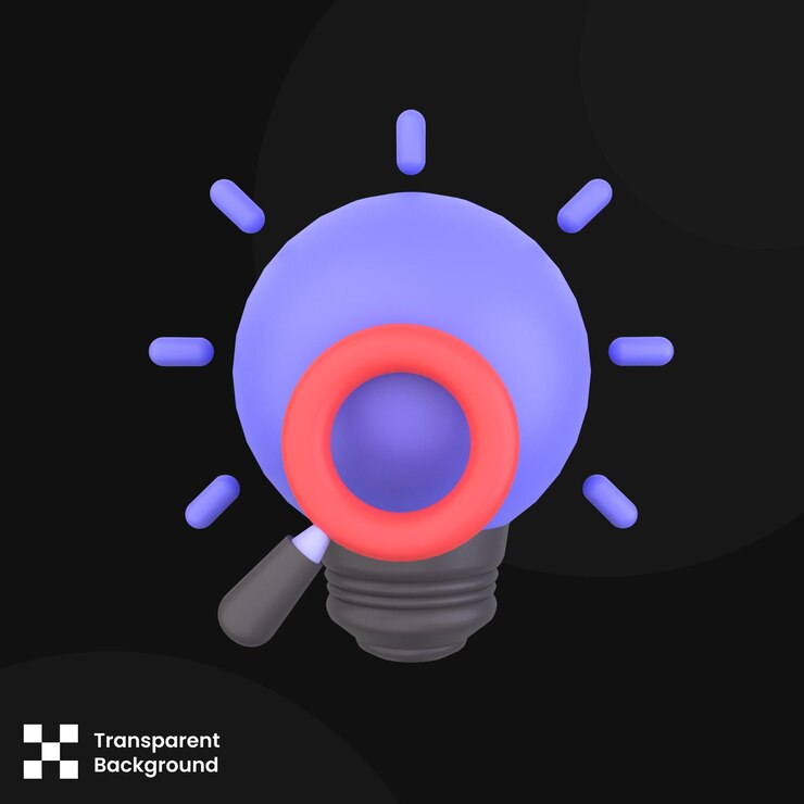 PSD búsqueda idea de ilustración 3d aislada en fondo blanco motor de búsqueda 3d concepto bombilla se enciende con lupa renderización 3d