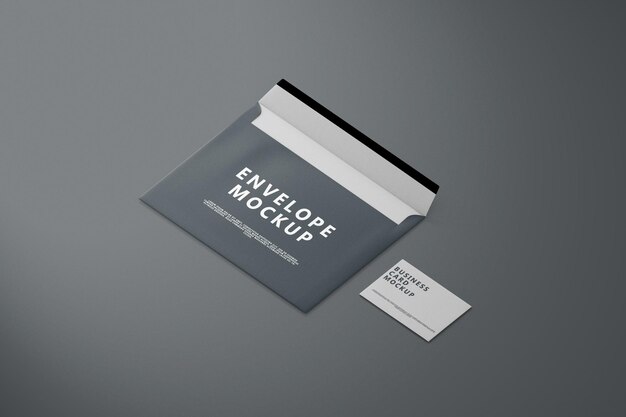 Buste di spedizione di carta con vista isometrica e rendering 3d di mockup di biglietti da visita