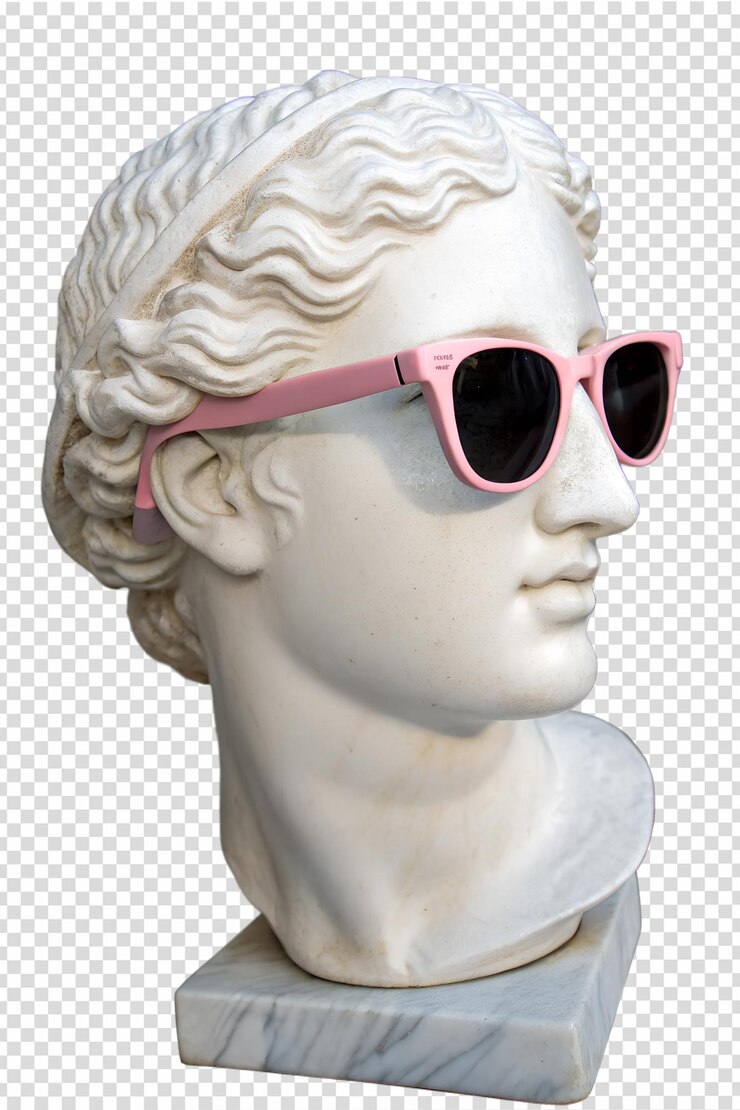 PSD busto clássico de mármore usando óculos de sol cor-de-rosa de moda escultura antiga com moda moderna