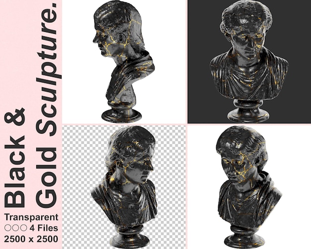 PSD busto de retrato digital da dama romana em mármore preto e recurso de design gráfico dourado