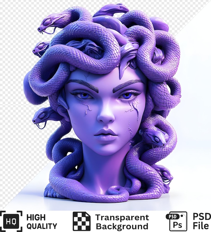 PSD busto di gorgona viola con serpenti per capelli isolato su uno sfondo trasparente