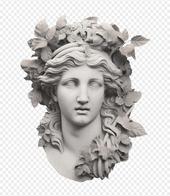 PSD busto grego de uma deusa com uma coroa de flores em sua cabeça em um fundo transparente com uma textura granulada