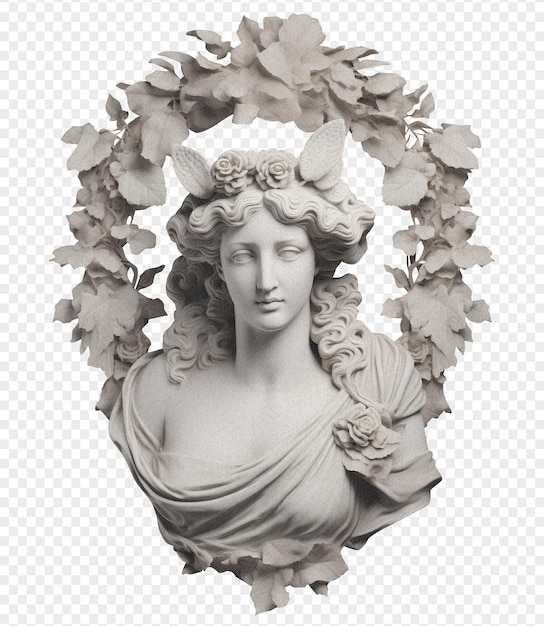 PSD busto grego de uma deusa com uma coroa de flores em sua cabeça em uma ilustração vintage de fundo transparente
