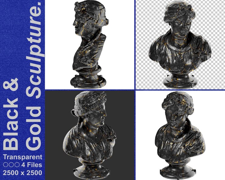 PSD busto de una mujer joven mármol negro brillante y estatua dorada perfecto para diseño gráfico en redes sociales