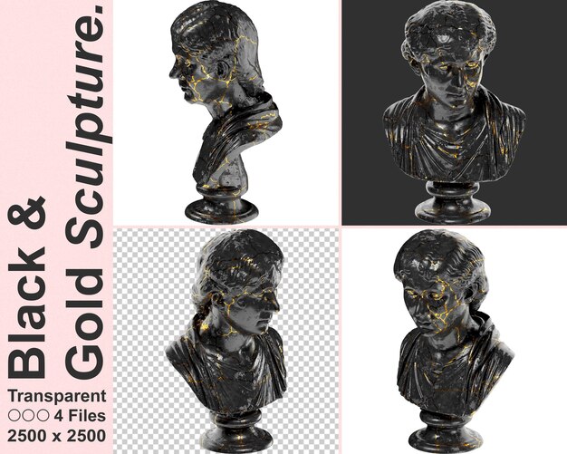 PSD busto de retrato digital de dama romana en mármol negro y oro activo de diseño gráfico