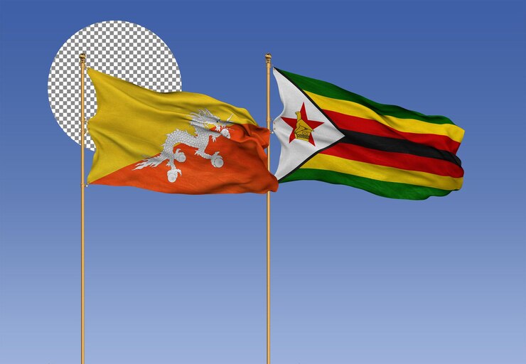 PSD bután y zimbabue ondean banderas juntas relaciones bilaterales rendering en 3d