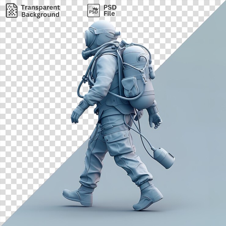 PSD buzo psd 3d explorando el océano equipado con un casco gris y plateado llevando una mochila gris y usando botas blancas y grises con una pierna azul visible en primer plano