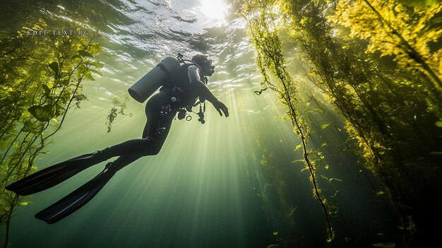 Un buzo submarino explorando un bosque de algas iluminado por el sol
