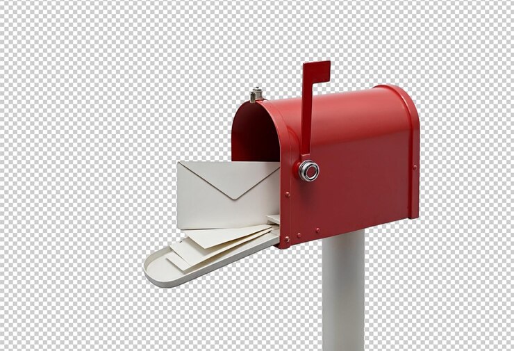 PSD un buzón rojo con una carta en él que está cubierto de papel